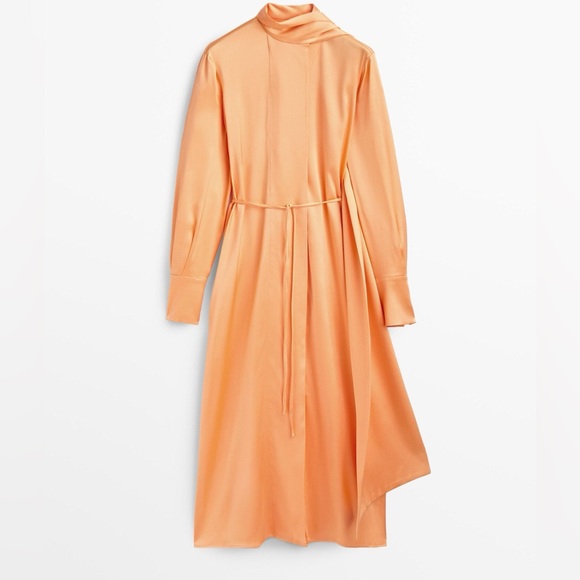 Massimo Dutti Studio Satin Orange Maxi Dress Tie Belt Neck M/L Limited Edition - Picture 8 of 17
